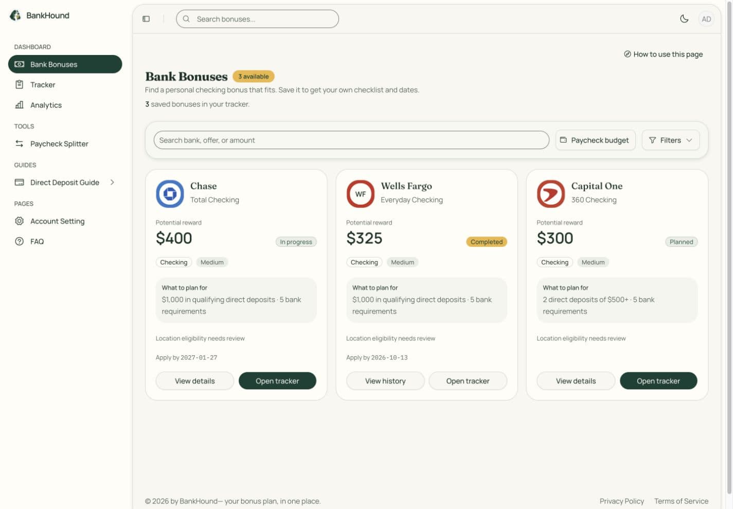 BankHound's reviewed personal checking catalog in the actual app